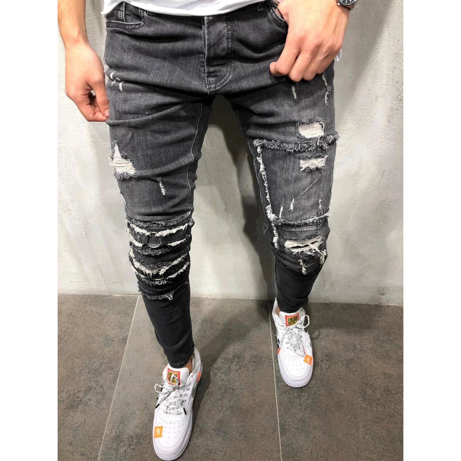 

2021 newest design black color skinny hole slim small foot open jeans pants black ripped jeans mens black skinny jeans men