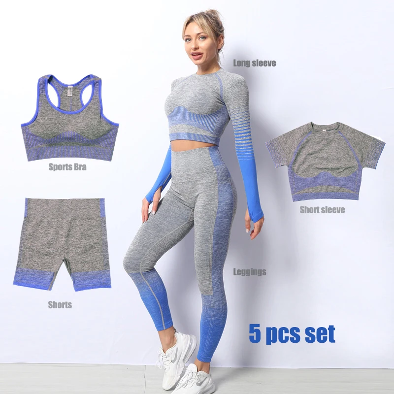 

Wholesale New 2021 spring seamless yoga sets women long sleeve yoga clothing woman 5 pcs yoga set, Orange/pink/white grey/green/blue