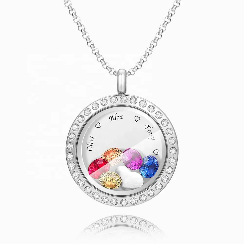 

Stainless steel Jewelry Silver Floating Charm Memory Round Locket Necklace Jewellery With Colorful Birthstones