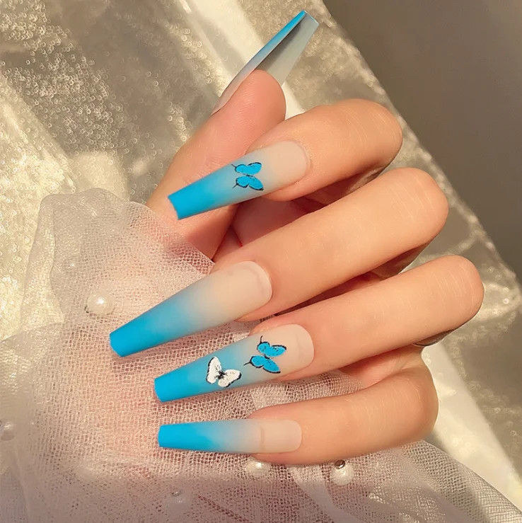 

wholesale 24/pcs Long Coffin Press On Artificial full cover Luxury Colorful Blue butterfly matte press on nails