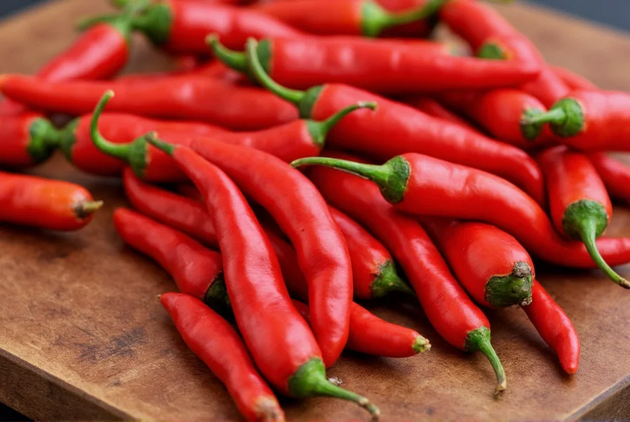 Close-up photography of red chili peppers on a wooden table, showing different varieties including cayenne and jalapeño