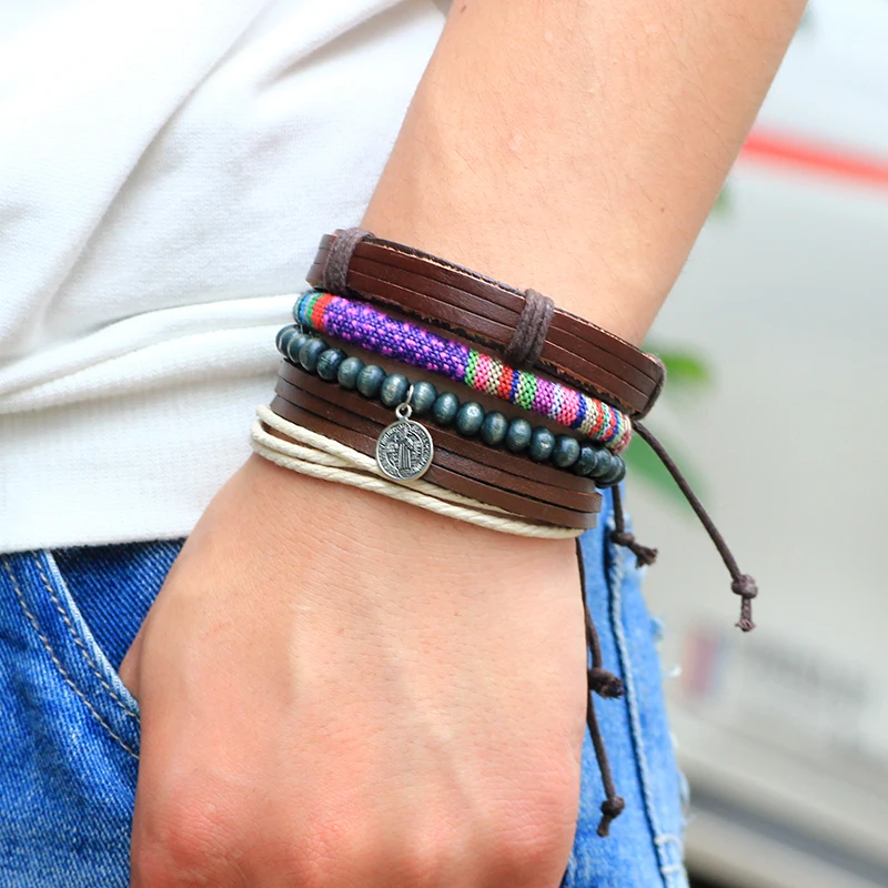 mens charm  Multilayer Leather Beads Wooden  Ropes Hemp Bohemia combination beads wooden braided leather Bracelet