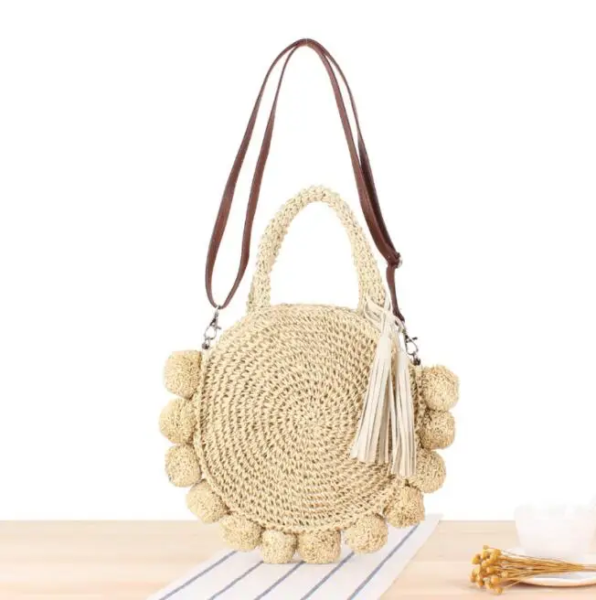 

Wholesale Bohemian Summer Beach round Woven Straw Beach Bags Large Capacity Rattan Shoulder Bag, Customized color