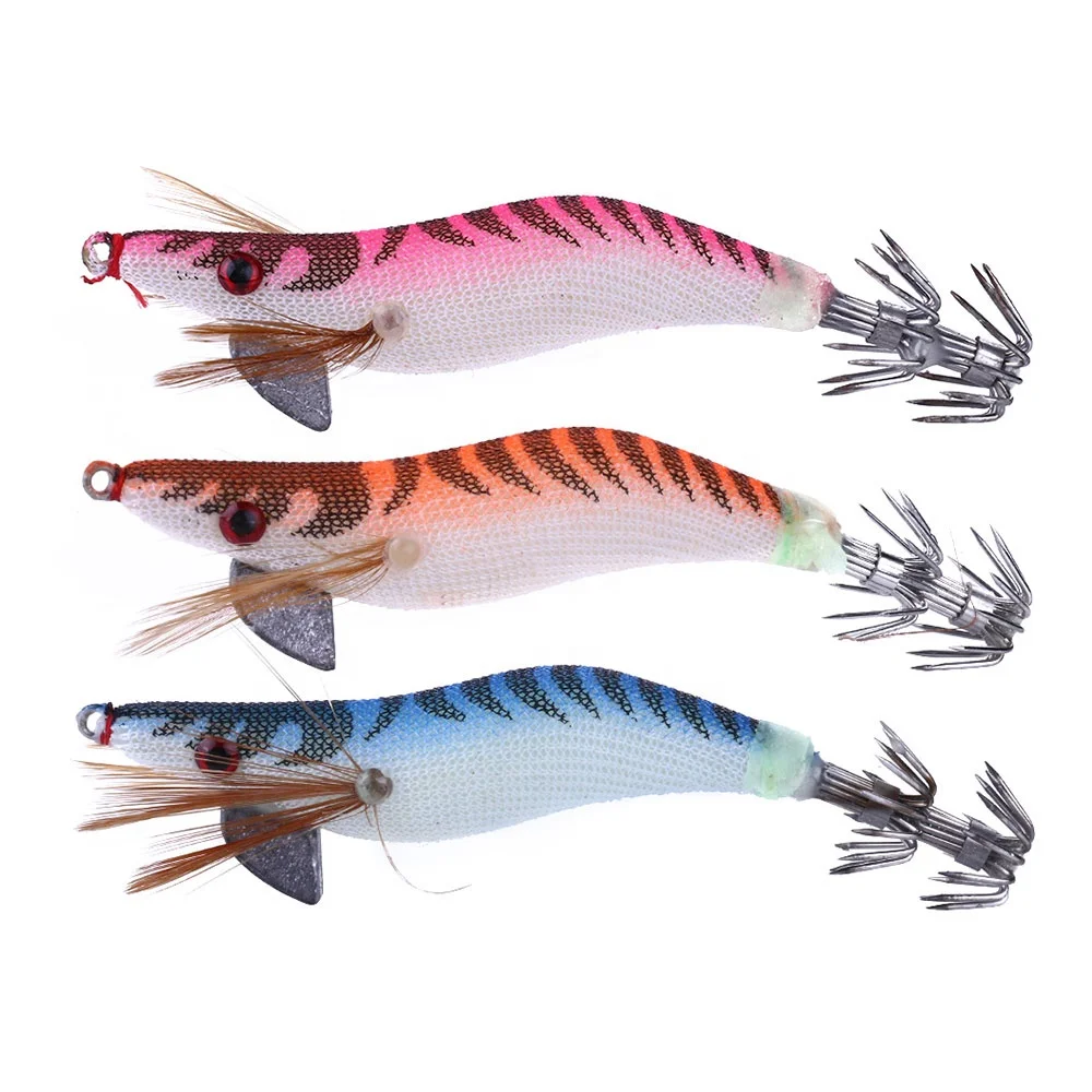 

Wholesale 2# Squid Jig fishing lures with plastic body wrapped by luminous cloth Wood shrimp, 3 colors as shown in the picture