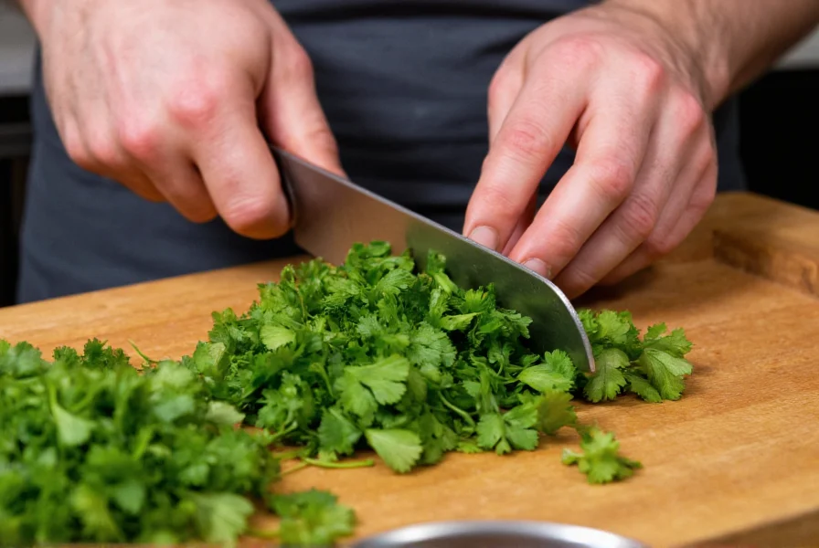 Turkish chef chopping fresh maydanoz parsley on wooden cutting board for traditional dish