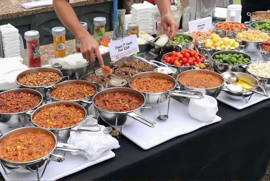 Organized tailgate chili serving station with multiple topping options and efficient layout