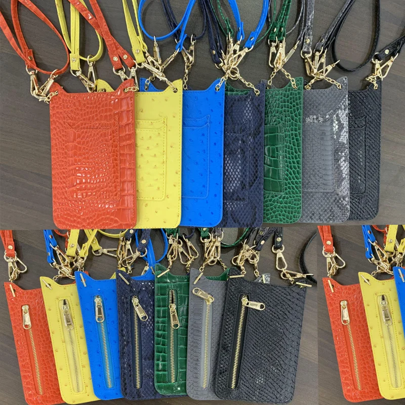 

New Green Pattern Phone Bag Women Crocodile Phone Wallet Python Leather Pouch Card Holder Neck Wallet