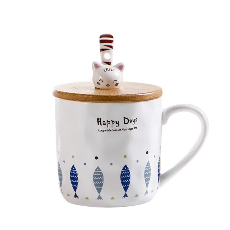 

wholesale animal mugs cartoon cat and fish ceramic cup with spoon lid, As to the picture show