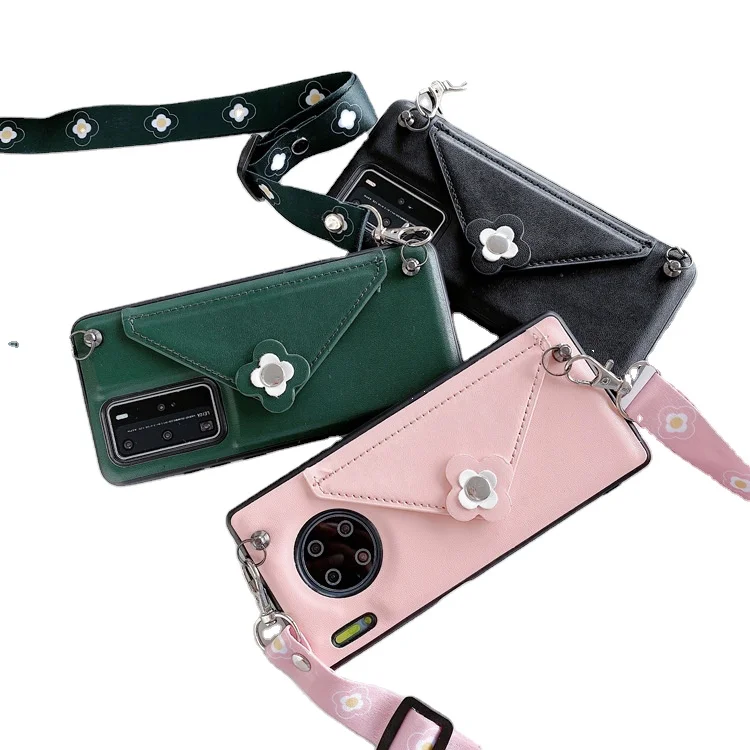 

PHT-049 Women Wallet Mobile Phone Case Diagonal Necklace Leather Flower Card Wallet Back Cover Shoulder Strap Phone Case, Multi-colors