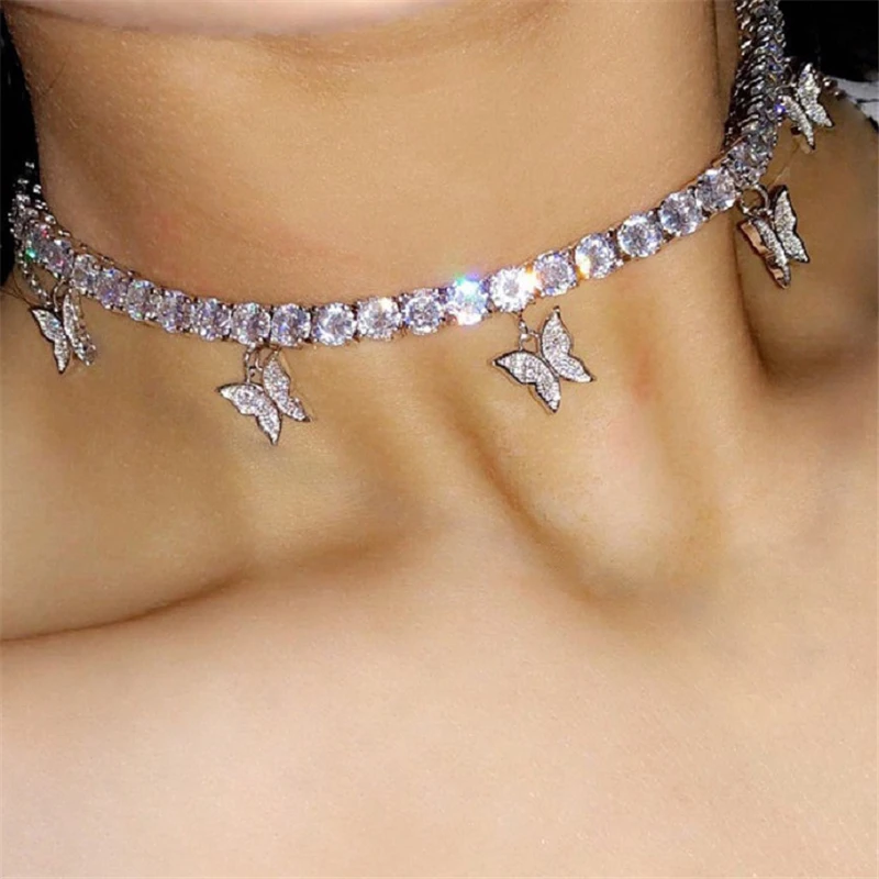 

Bling Iced Out Tennis Chain Cubic Zirconia Diamond Butterfly Necklace, Picture