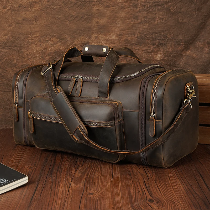 

High Quality Vintage Style Retro Large Top Grain Full Genuine Leather Crazy Horse Leather Men Travel Duffle Bag