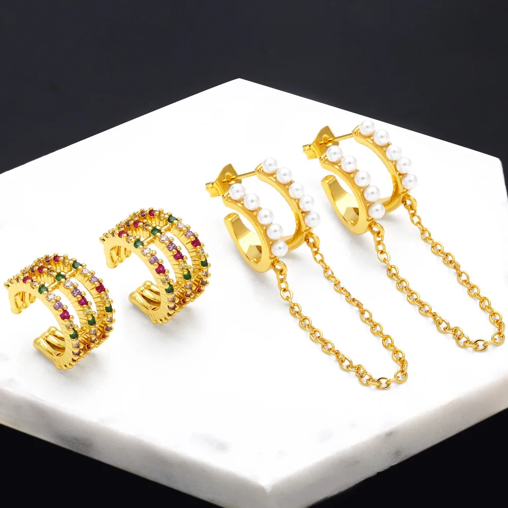 

Amazon Hot Sell Gold Plated Double Huggie Women Chain Fashion Jewelry Hoop Earrings