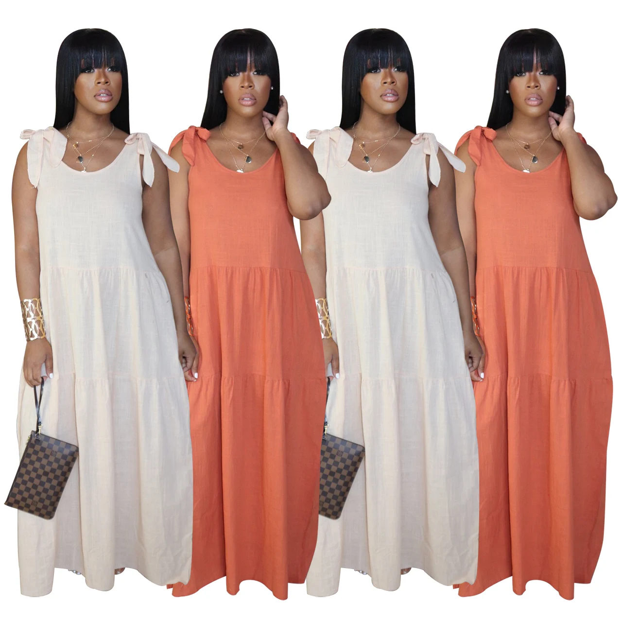 

Wholesale Girls Solid Color Sleeveless Pleated Ruffles Dress Casual Summer Boho Style Loose Maxi Dresses, As picture