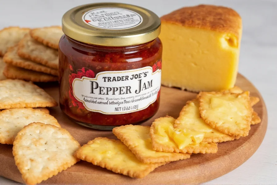 Close-up of Trader Joe's pepper jam jar with cheese and crackers arranged around it on wooden board