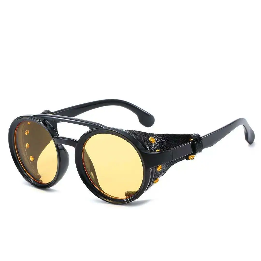 

2021 New Retro Vintage Round Polarized Steampunk Sunglasses For Men Leather Side Shield Sun Glasses UV400 Women Sunglasses