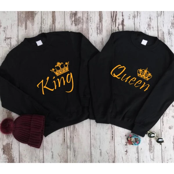 

2021 High Quality Custom Logo King And Queen Print Couple'S Pullover Sweatshirts Oversized Blank Hoodies For Women, Black and white