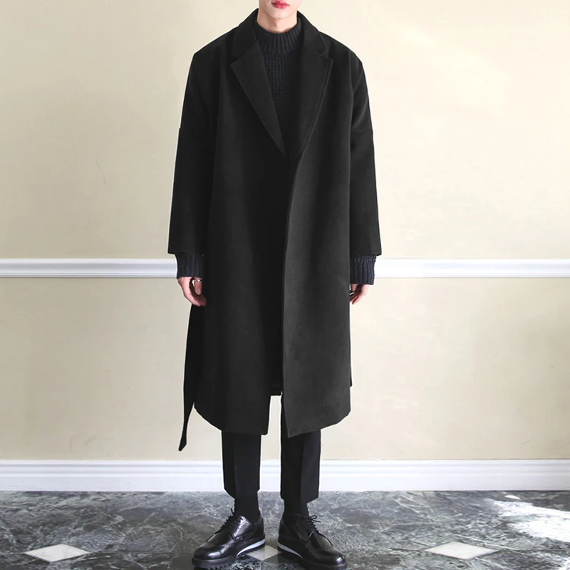 

2022 M-4XL Winter Warm Fake Wool Jackets Plain Trench Open Front Streetwear Fashion Coat for Men Long Overcoat with Belt
