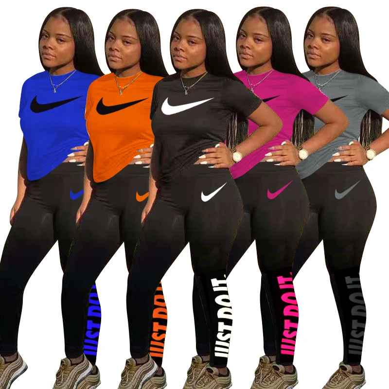 

2021 Summer Clothing Solid Color Nike Sports Close-fitting Comfortable Neon Casual Jogging Set For Women Gym Two Piece Pants Set