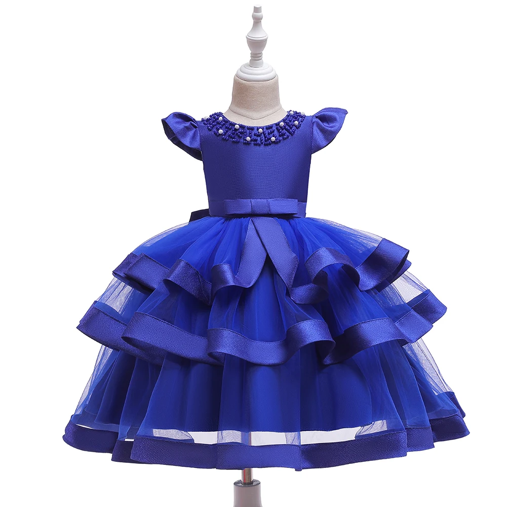 

Blue graceful puffy girl party dresses layered baby girl birthday for girl 6 years old Breathable kids night dress