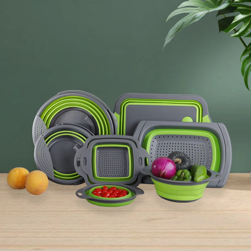 

Kitchen Products New Collapsible Chopping Board Silicone Cutting Board Set With Storage Vegetable and Fruit Multifunction Basket, Green&grey