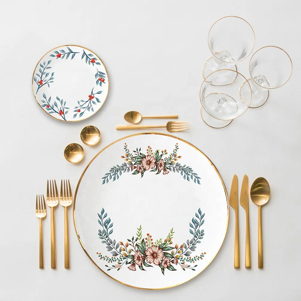 

New Design Nordic Luxuriant Garland Pattern Ceramic Dishes Plates With Gold Edge, Printing gold