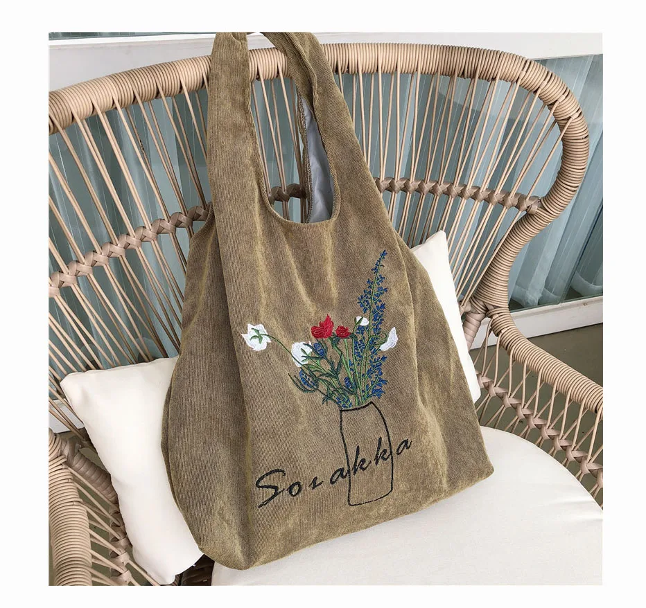 

High quality low MOQ corduroy embroidery custom tote bags with logo fashions women tote bag, Customized color
