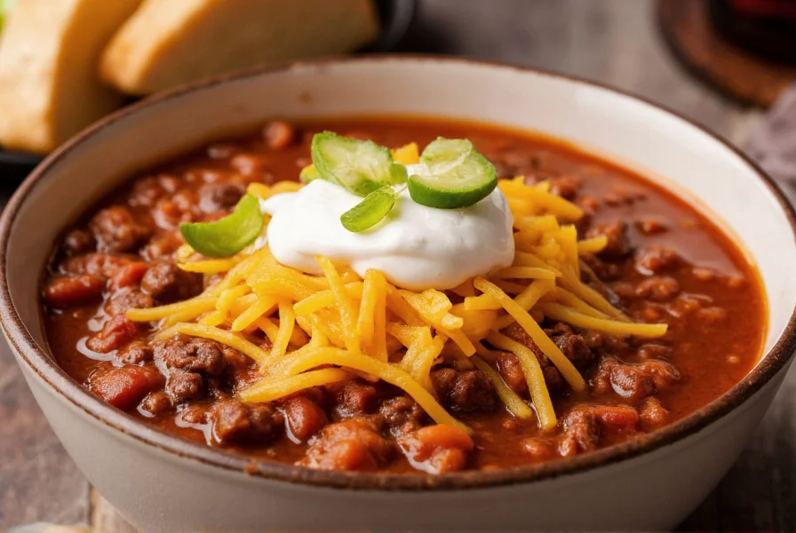 Finished bowl of hearty chili with beef broth topped with cheese and sour cream