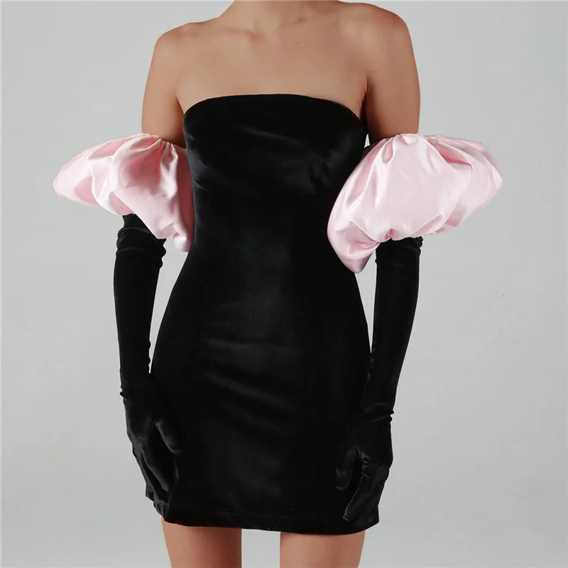 

Fashion Velvet Strapless Tube Bandeau Mini Dress Women Vintage Puff Sleeve Elegant Bodycon Sexy Party Club Dress