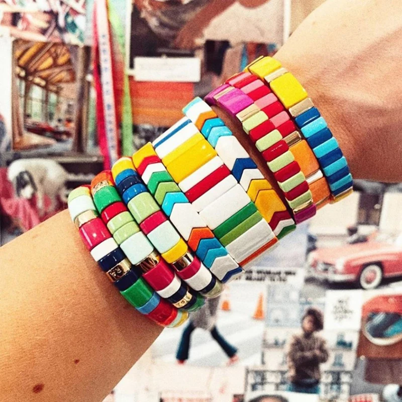

2020 Fashion Bracelet For Women Rainbow Bracelets Colorful Enamel Tile Boho Bracelet Summer Beach Jewelry