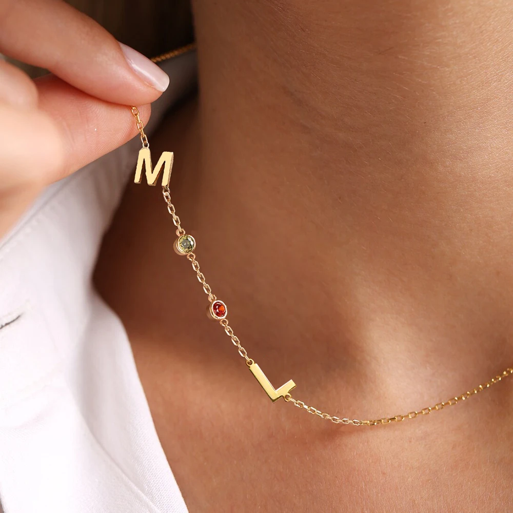EManco Dropshipping Custom Personalized Initial Necklace Gold Stainless Steel Name Necklace With Birthstone Unique Birthday Gift