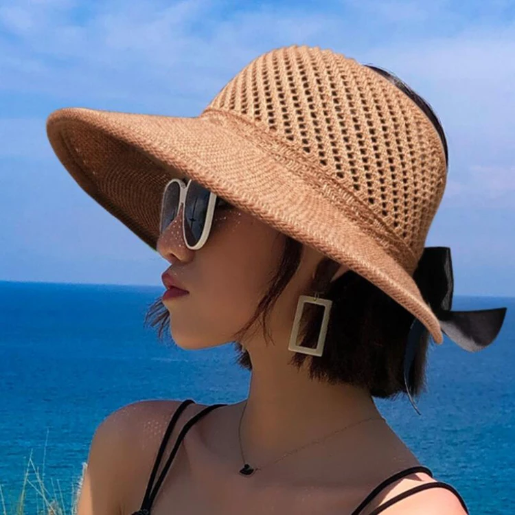 Folding bow summer straw hat empty top beach hat for girls and women