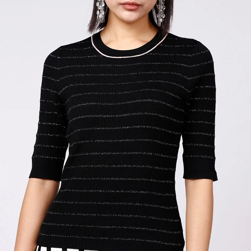 

Factory price Black White Stripes Crew Neck Fitness Silk Short Sleeve Crop Top Polo Tissot T Lady Women's T Shirts