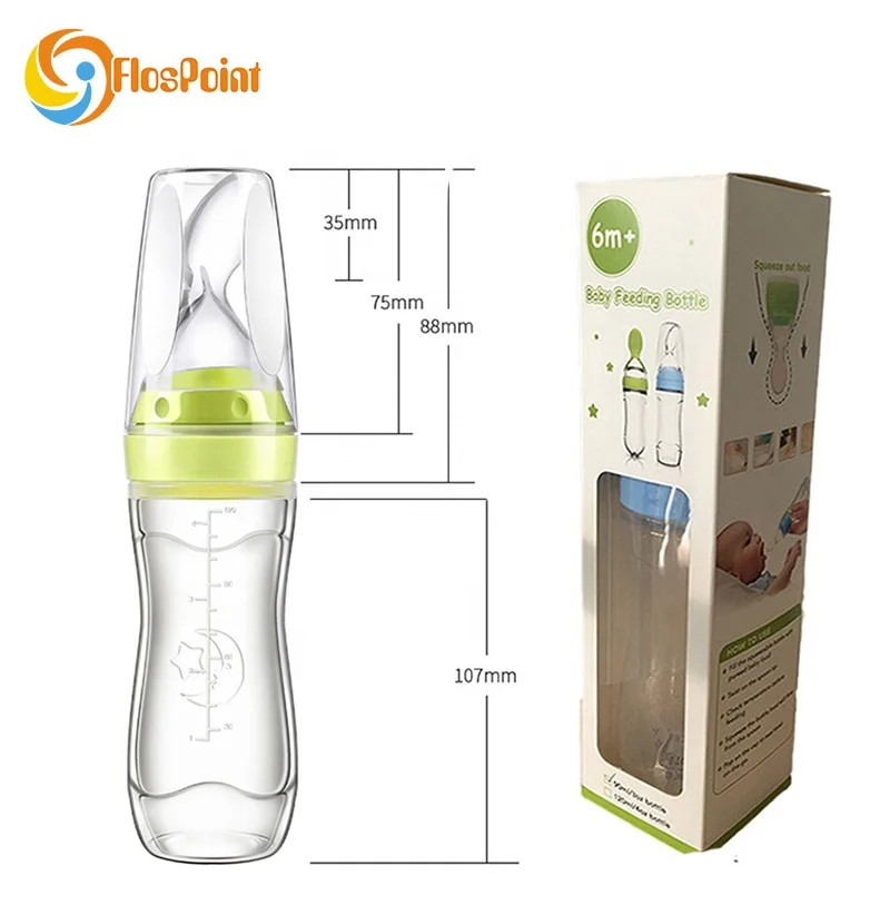 Best Selling Products Hot sale FDA squeezable silicone baby feeding bottle with spoon in retail box package