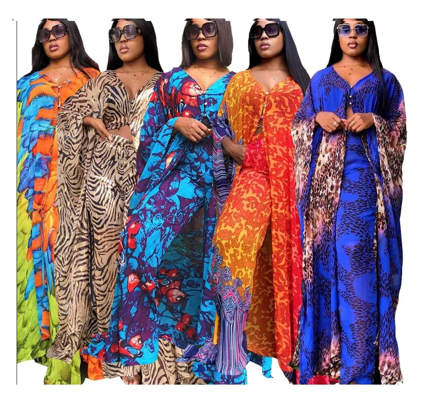 

Wholesale Two Piece Wide Leg Pants Set Chiffon Casual Kitenge Dress Designs For African Women, Customized color