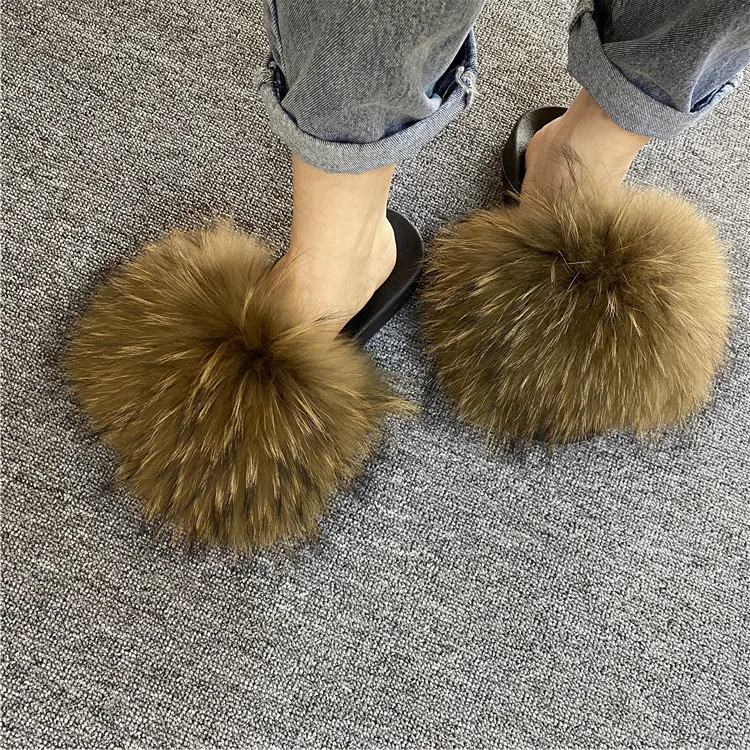 

Hot sale real raccoon fur slippers wholesale fur slipper real fox mom and me fur slides zaoqiang county daying, Customized color