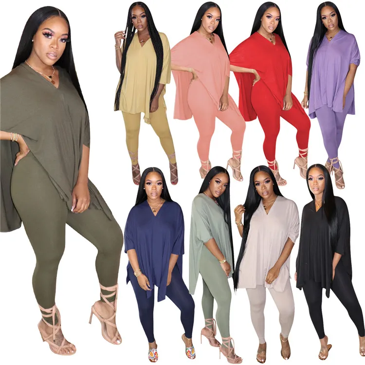 

Wholesale Lady 2 Pcs V Neck Solid Color Stretchy Split Tracksuit Summer Women Two Piece Set, Picture
