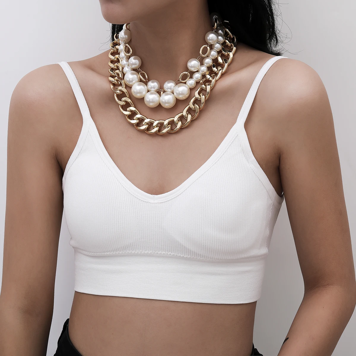 

SHIXIN Gold Color Cuban Link Choker Necklace Chunky Necklace Simulated White Pearl Bead Layer Necklace for Women Wedding Jewelry