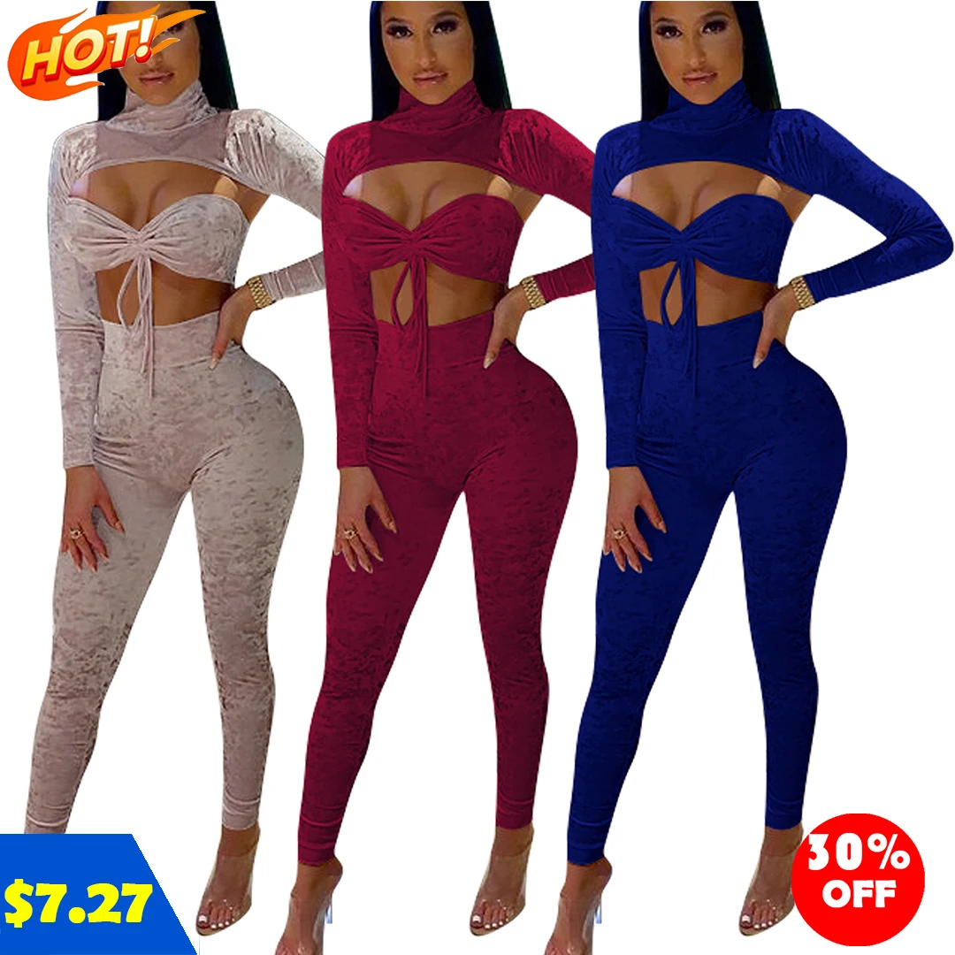 

sexy 2 piece set Wrapped Chest Clothing Long Sleeve Women 3 Piece Woman two piece pants set fall 2021 women clothes, As picture