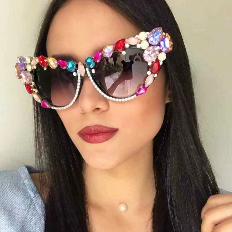 

Fashion Sunglasses Oversize Cat Eye Sunglasses Women Brand Designer Luxury Colorful Crystal Sexy Sun Glasses For Ladies, Multi-color