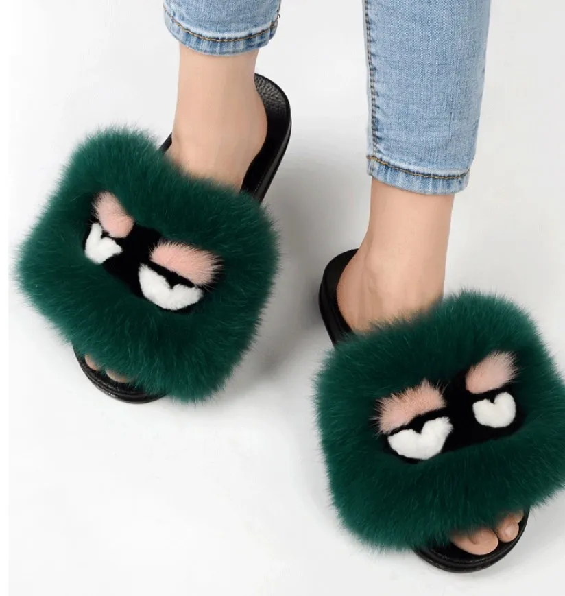 

High Quality Real Fox Fur Shoes Women's Slippers Fluffy Flat Sandals Monster Designs Furry Faux Fur Slides, 16 colors