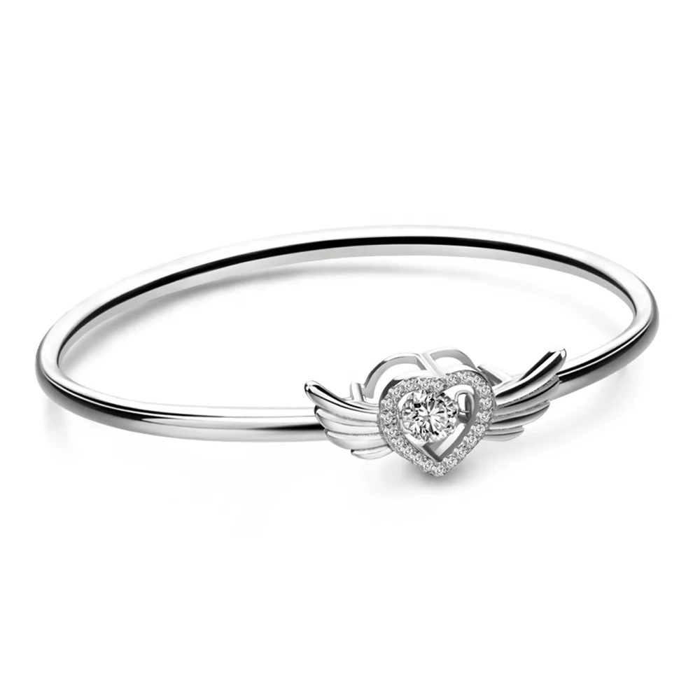 

Hot Selling Solid 925 Sterling Silver CZ Stone Heart Wings Adjustable Bangles For Women Gifts Jewelry Charm Bracelet Accessory, Customized color