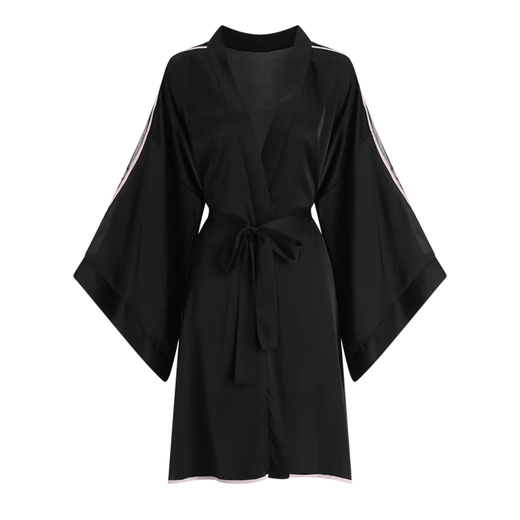 

Sexy Deep V-Neck One-Piece Pajamas Seductive silk Sleepwear Long Sleeves robe