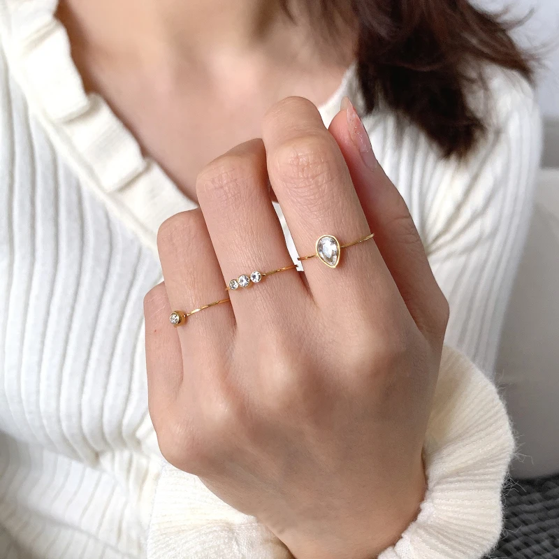 

3 Designs 18K Gold Plated Thin Waterdrop Diamond Rings Single Triple Cubic Zirconia Ring Minimalist Stainless Steel Jewelry 2021