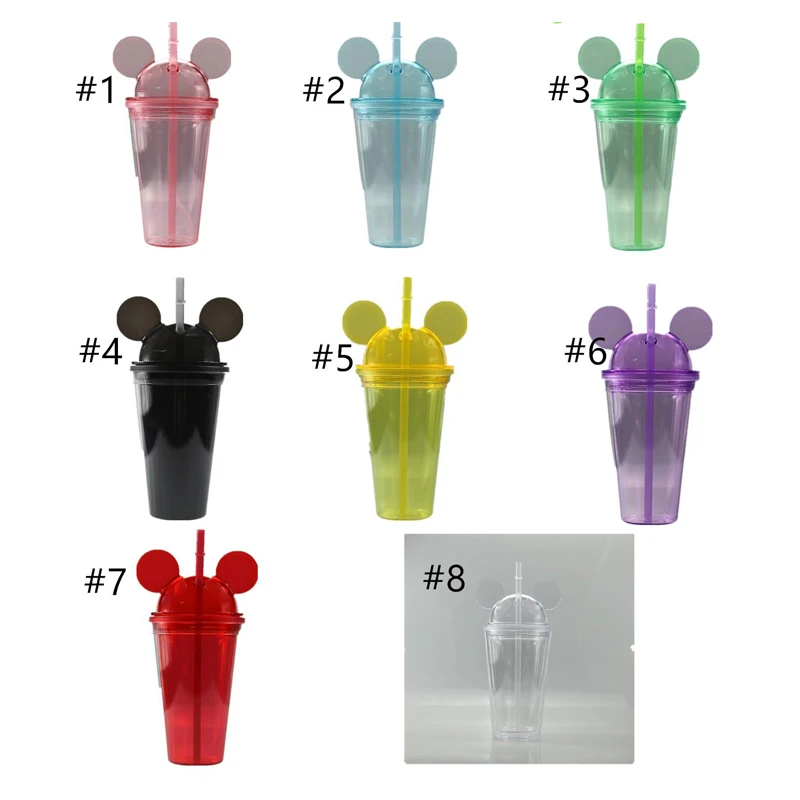 

16oz Double Walled Plastic Clear tumbler acrylic mickey mouse ears cup with lids and reusable straws, As pic