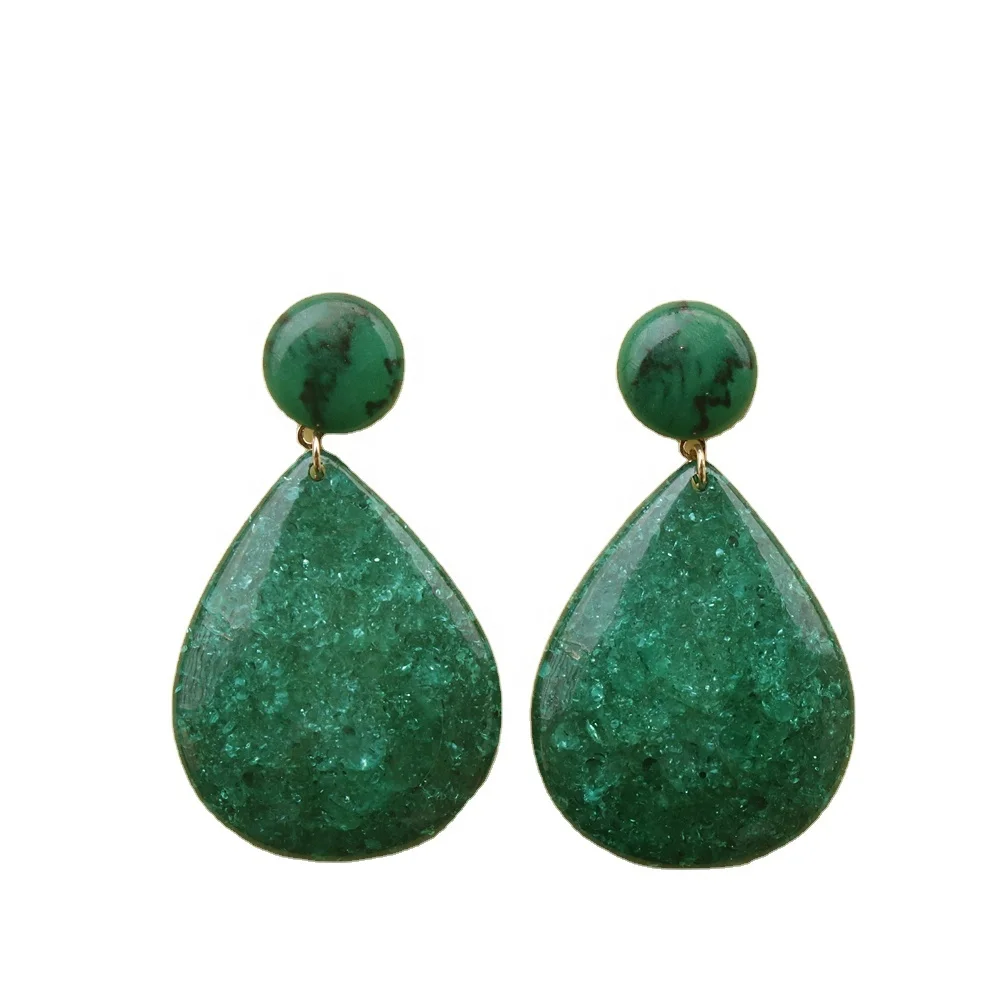 

JUHU Green Crystal Glass Pattern Big Earring Vintage Geometric Resin Drop Earrings For Women Classic Jewelry, Colorful