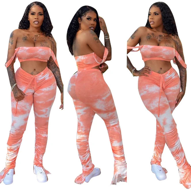 

Women's Prientd Tie-dye Color Two Piece Sets Stacked Pants string trousers 2020 Summer Outfit plus size pants, Customized color