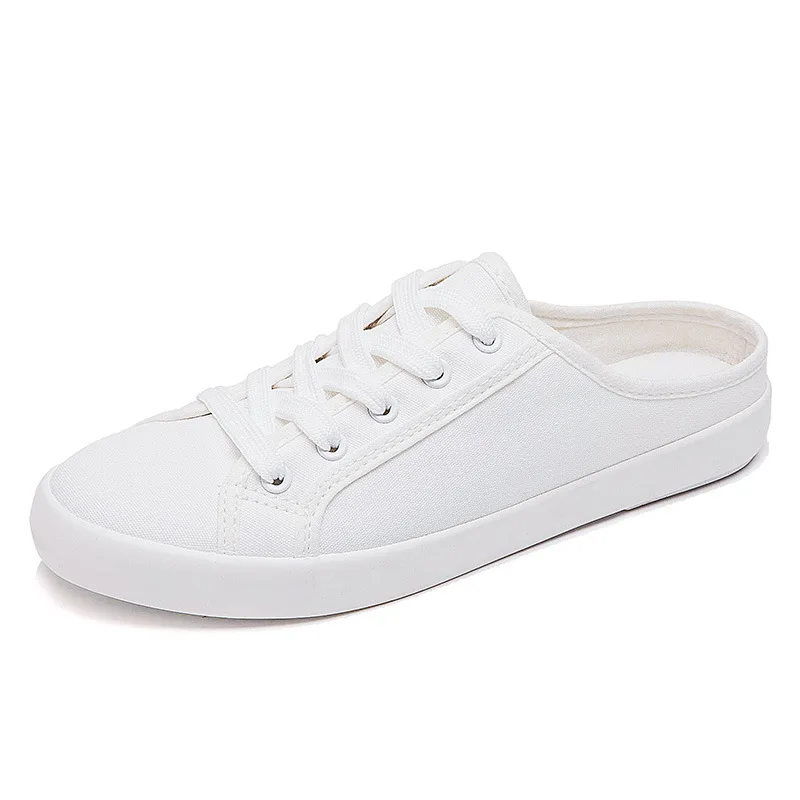 

Good quality half drag breathable white heelless student casual slip on women canvas shoes shoess, As pictures