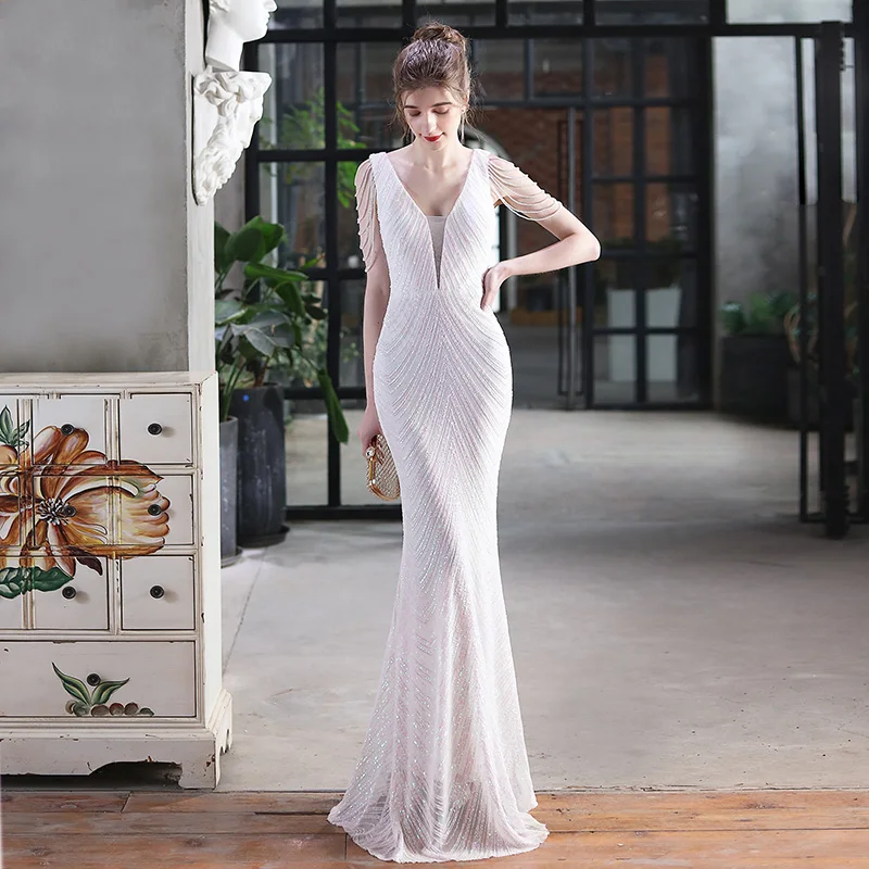 

new sequined bling bling fishtail long dress performance dress Embroidery white evening Gown party maxi long dress for party