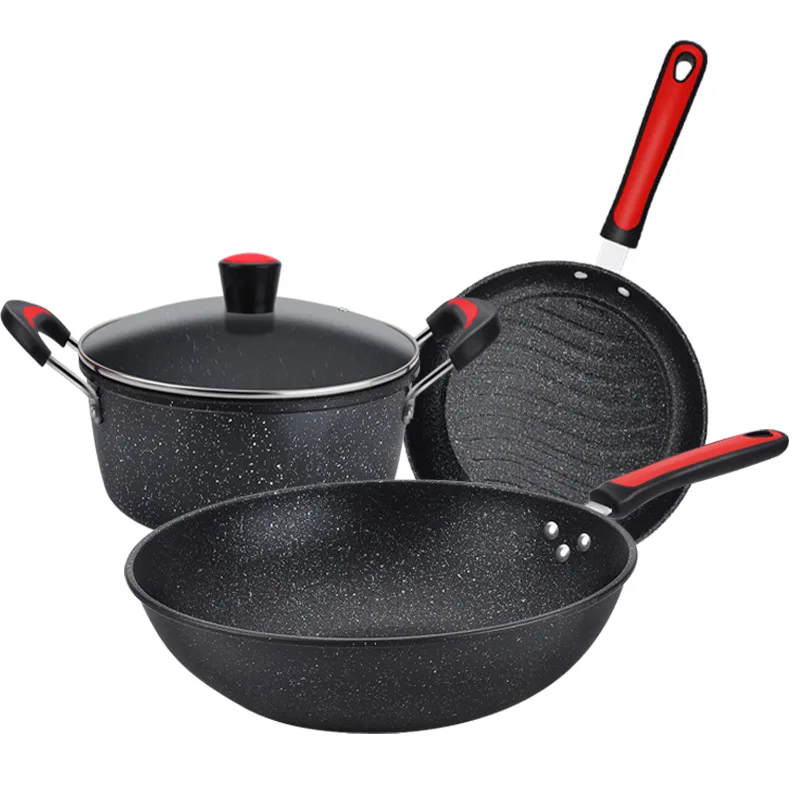 

cooking sauce low moq stainless steel marble granite kitchen pot cast iron enamel removable handle non stick cookware sets, Black