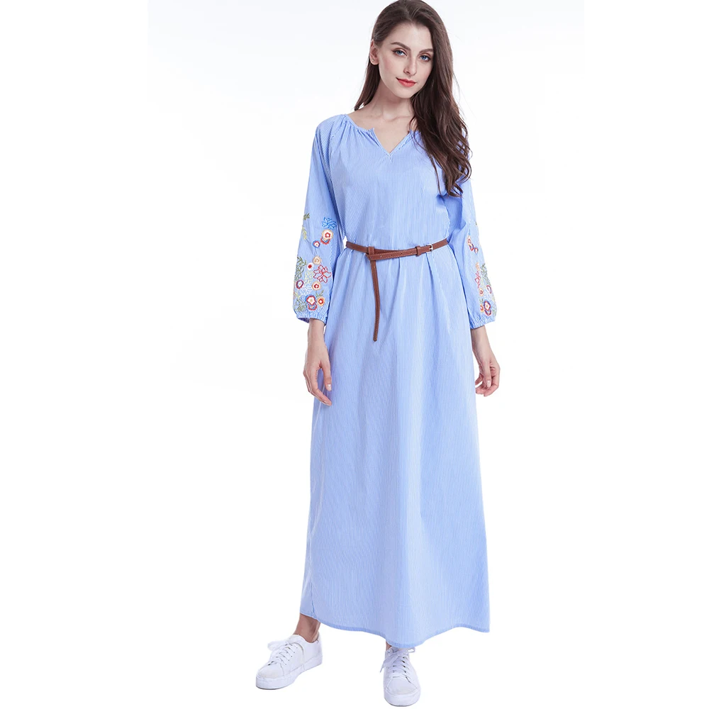 

Low price blue striped embroidered summer loose long sleeve maxi dress office lady women homewear casual elegant v neck dress